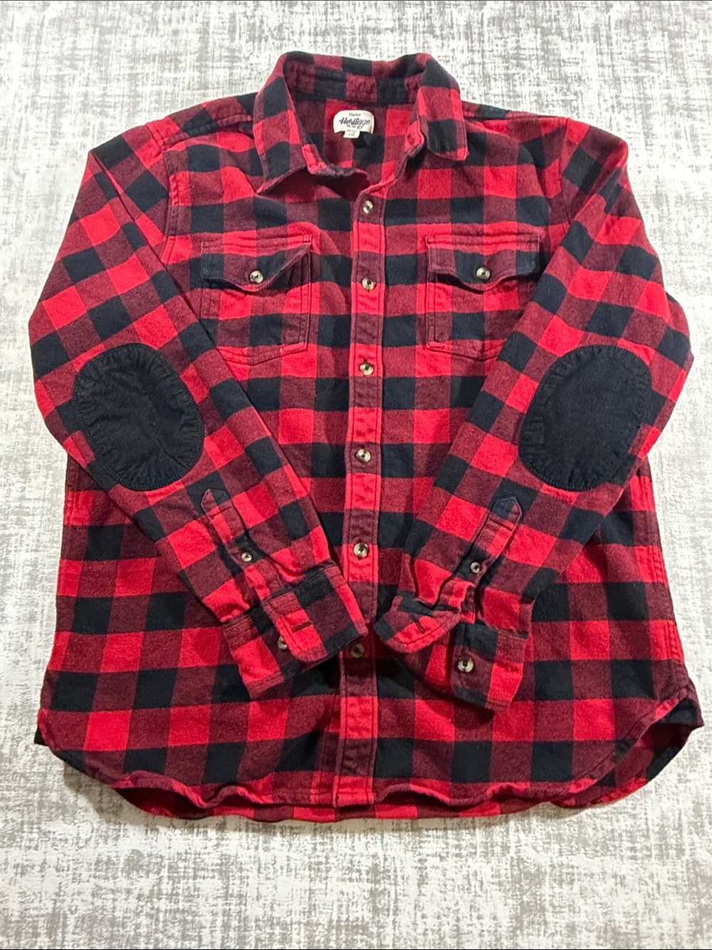 Hatley Red Black Buffalo Plaid Button-Down Shirt w Elbow Patches 100% Cotton szL